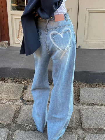 MQTIME  -  French Style High Waist Vintage Washed Flared Jeans Women's Fashion with Love Print Retro Loose Wide Leg Denim Pants Casual